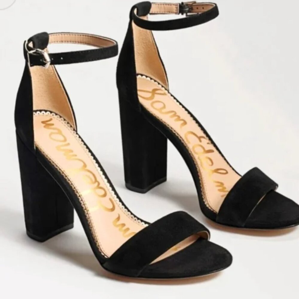Sam Edelman Yaro Black Suede Block Heel Sandal Ankle Strap Shoes Open Toe Sz 9.5